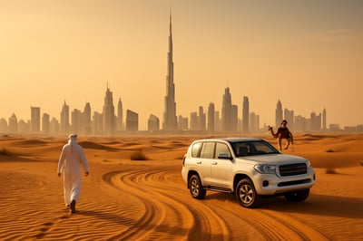 Dubai skyline with Burj Khalifa and desert adventure Dubai skyline with Burj Khalifa and desert adventure
