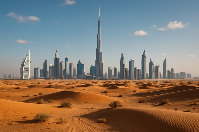 Dubai skyline with iconic buildings and desert landscape