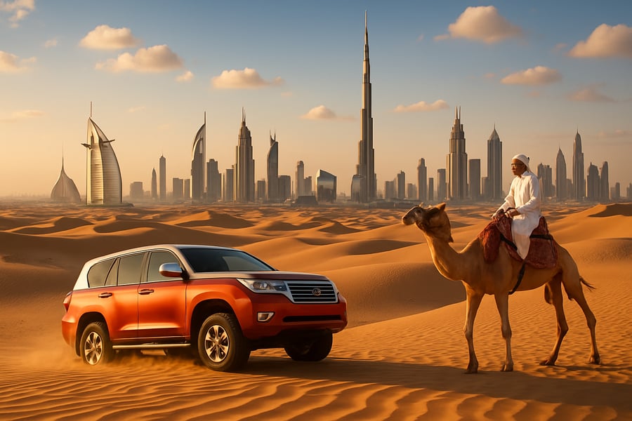 Dubai skyline with iconic landmarks and desert adventure